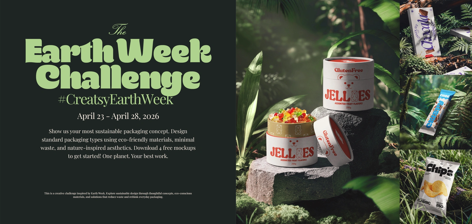 Creatsy Earth Week Challenge banner with sustainable packaging mockups and two call-to-action buttons